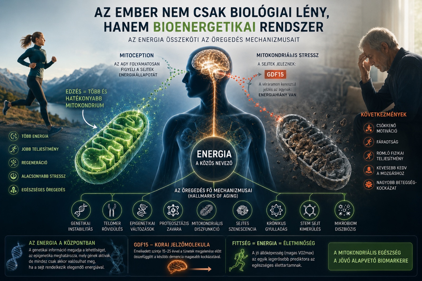 Bioenergetikai rendszer infografika: az energia mint közös nevező az öregedés mechanizmusai mögött